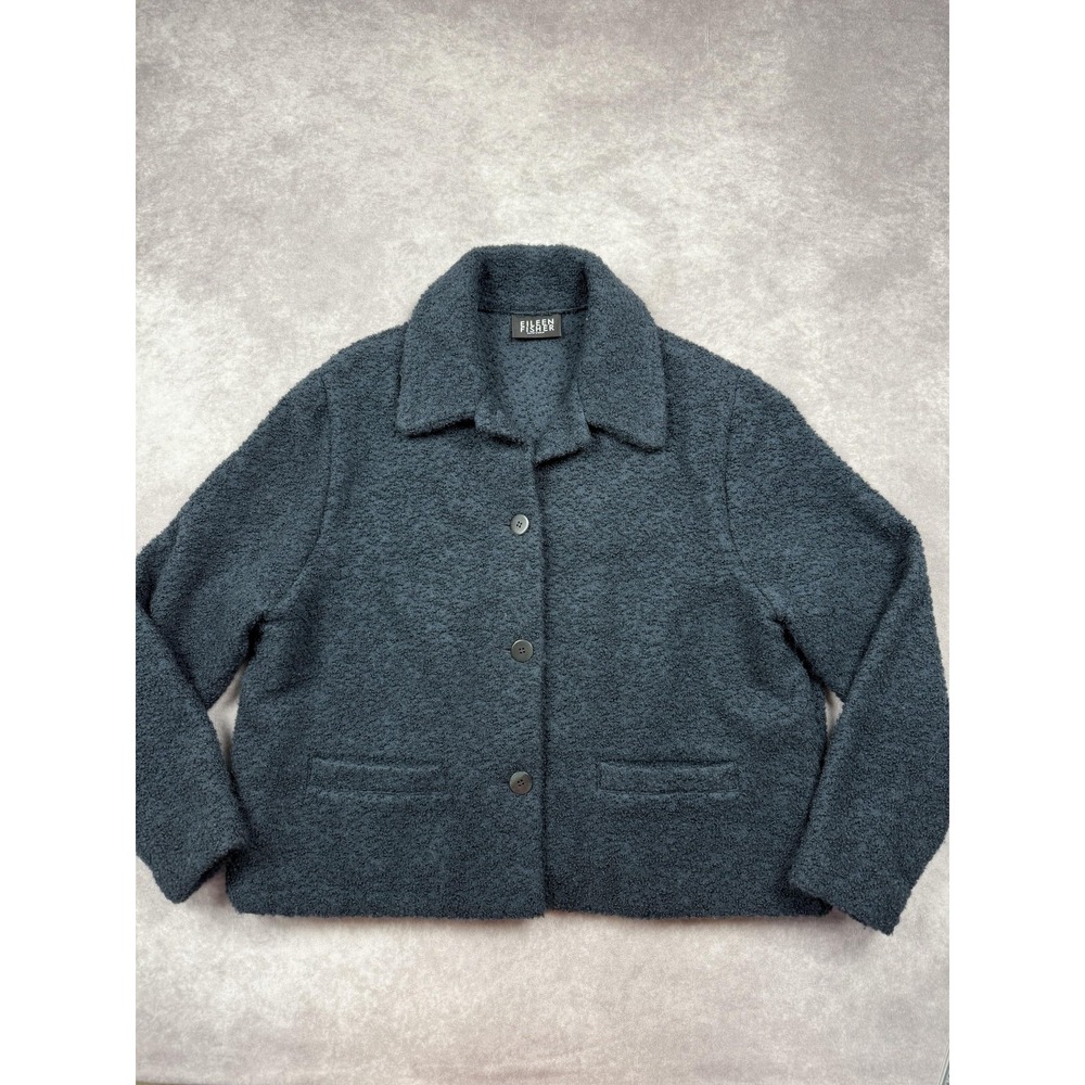 Eileen Fisher Jacket Womens Large Blue Boucle Button Front‎ Collared Boxy Coat